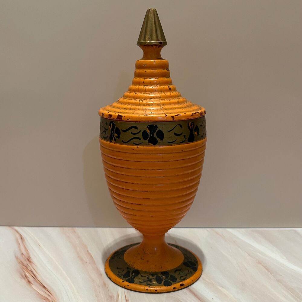 Vintage Hand-Painted Lacquered Glass Lidded Urn — Orange & Black